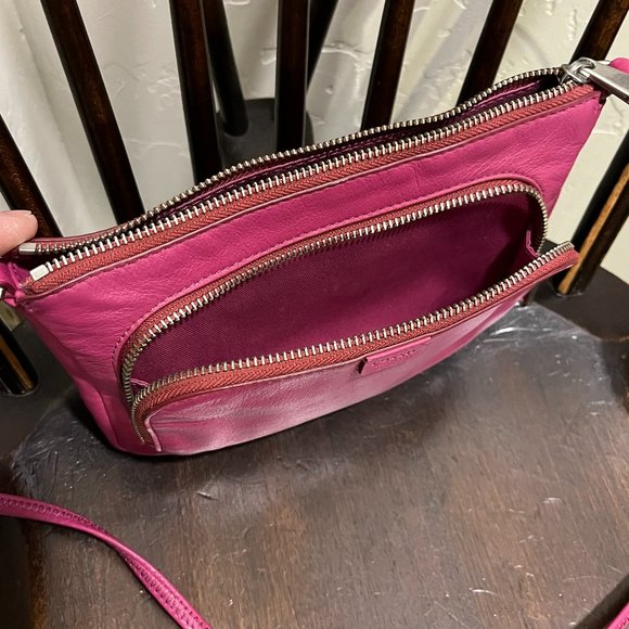 Fossil Top Zip Crossbody Shoulder Bag Purse Fuchsia Pink Leather - Picture 9 of 9